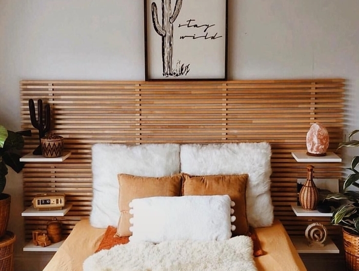 tete de lit avec chevet intégré en bois et blanc décoration bohème chic chambre enfant neutre cache pot tressé objets bois