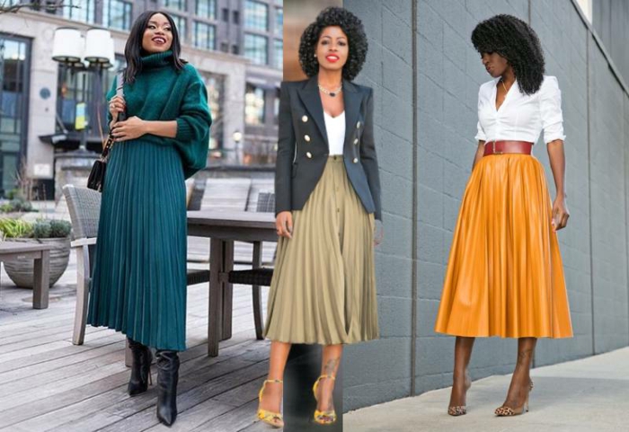 trois idées de tenue avec la longue jupe plissee inspiration tenue jupe chic et tendance comment porter une jupe longue plissée