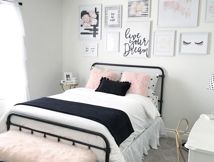 aménagement chambre 10m2 style minimaliste déco couleurs chambre gris et blanc avec accents noir et roses