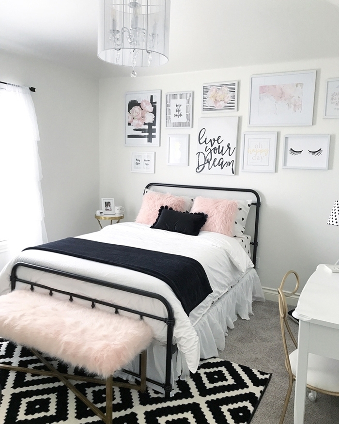 aménagement chambre 10m2 style minimaliste déco couleurs chambre gris et blanc avec accents noir et roses