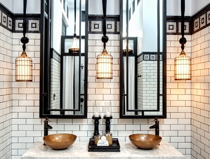 architecture art deco design intérieur aménagement salle de bain blanc et noir comptoir marbre armoires marron foncé