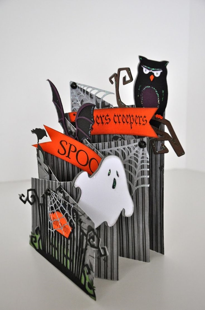 bricolage activité manuelle facile diy carte invitation halloween figurine hibou maison hantée art pliage papier origami facile