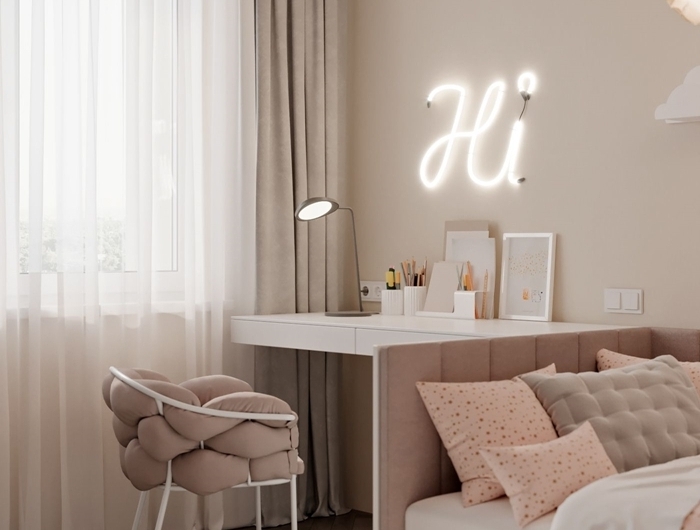 bureau design blanc chaise coussin noeuds rose poudré peinture chambre ado fille rideaux taupe lampe bureau