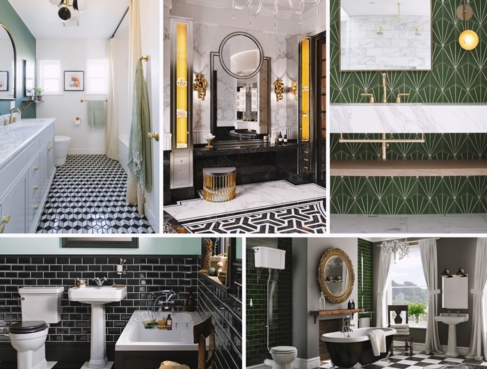 carrelage mural salle de bain style retro 1920s interieur design tendance couleurs carrelage vert fonce accents laiton