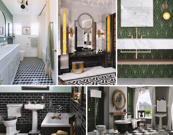 carrelage mural salle de bain style retro 1920s interieur design tendance couleurs carrelage vert fonce accents laiton