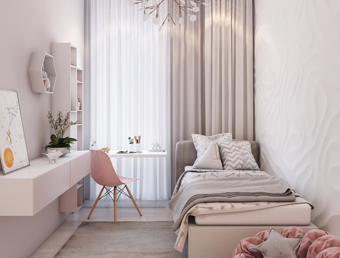 chambre ado fille petit espace design intérieur style moderne revêtement mural panneau relief bureau blanc chaise rose