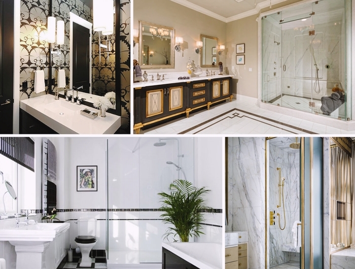 decoration salle de bain style retro chic luxe marbre revetement de sol accessoires en laiton murs fonces decor