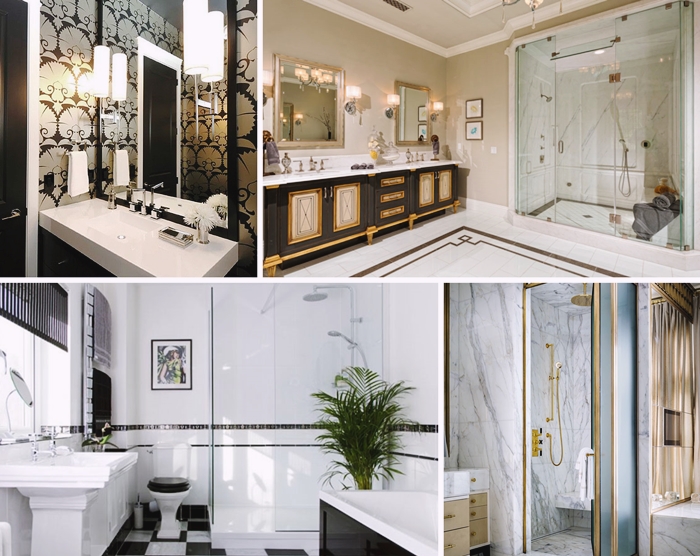 decoration salle de bain style retro chic luxe marbre revetement de sol accessoires en laiton murs fonces decor