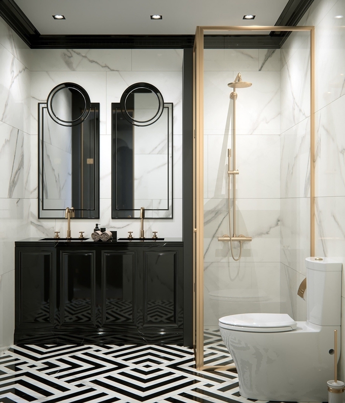 design intérieur style luxe idée salle de bain moderne murs marbre carrelage sol lignes géométriques noir et blanc