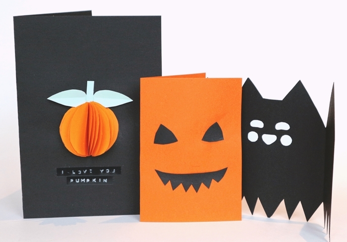 diy carte halloween facile a faire art papier scrapbooking feuille cartonnee orange jack o lanterne forme papier carte effrayante
