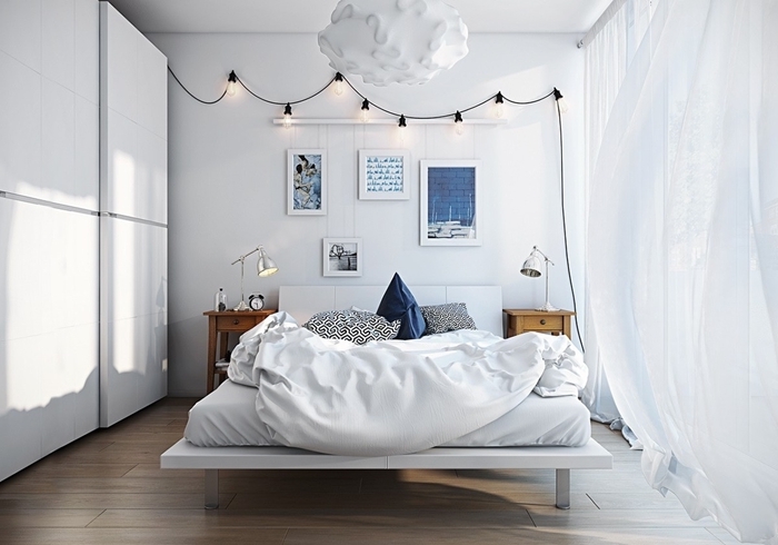 décoration chambre fille ado style minimaliste peinture murale blanche cadre mur guirlande lumineuse ampoules