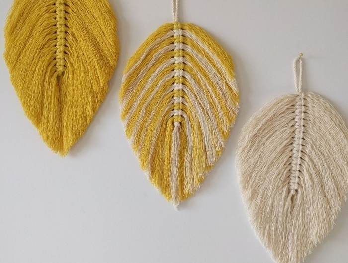 décoration macramé facile comment décorer les murs dans le salon avec objets diy feuille automne en fil jaune