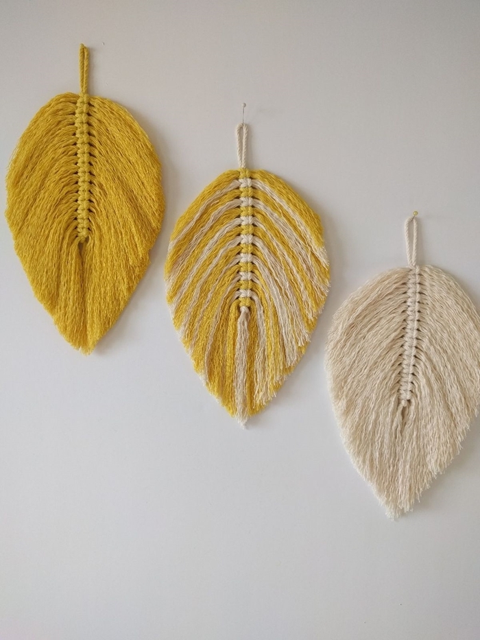 décoration macramé facile comment décorer les murs dans le salon avec objets diy feuille automne en fil jaune