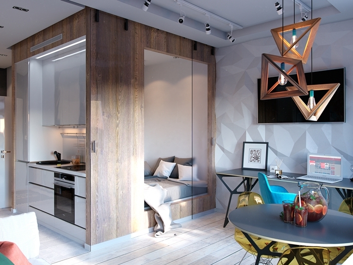 décoration mini cuisine intégrée mur revêtement panneaux bois éclairage lampadaire bois géométrique bureau