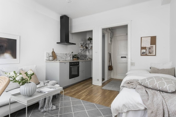 décoration petite cuisine appartement espace ouvert revêtement sol parquet bois tapis moelleux gris cuisine crédence marbre