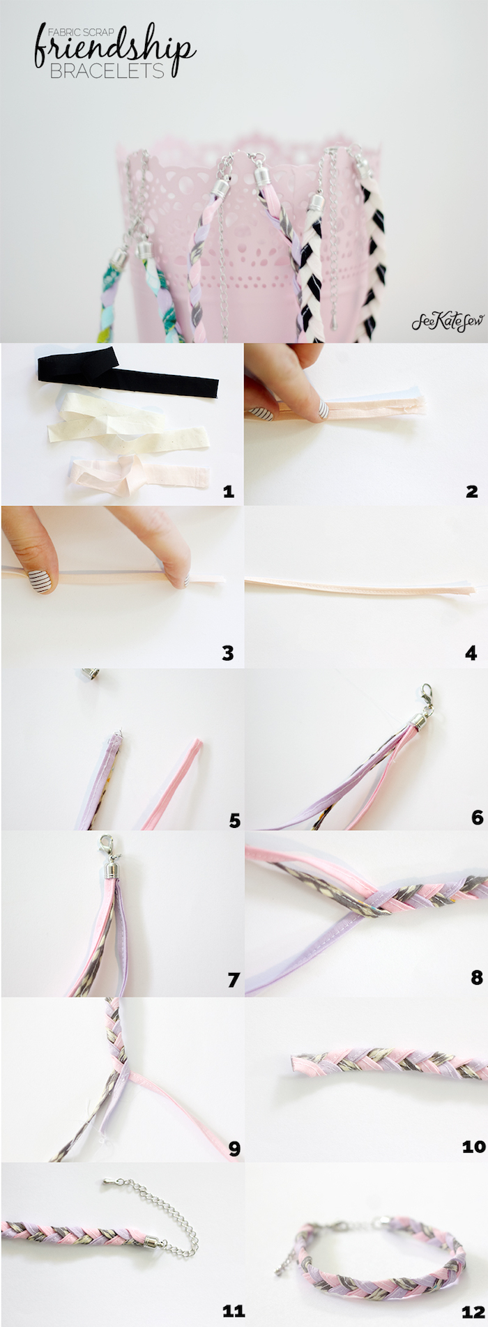 exemple idée cadeau couture avec des bandes de tissu entrelacées pour faire un bracelet amitié
