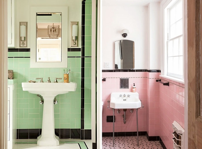 idee deco salle de bain rétro style carrelage vert bordure noire évier sur piédestal robinet inox miroir applique murale