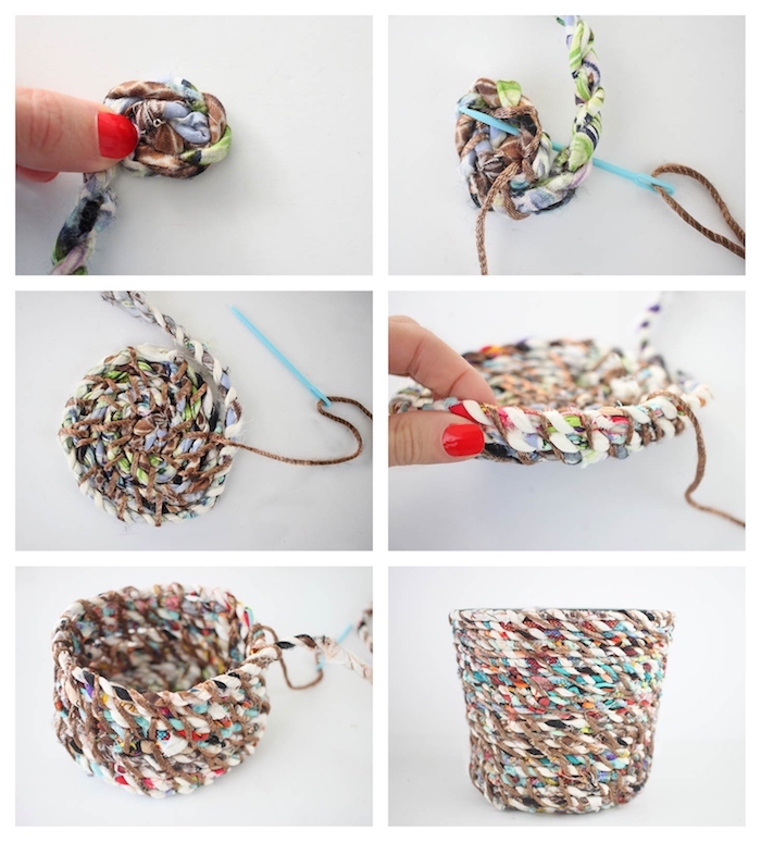 idée cadeau couture simple exemple de pot de fleur fabriqué avec cordelette de tissu recyclé et fil
