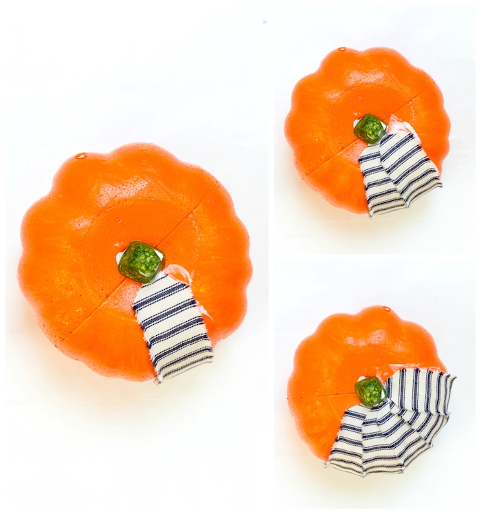 idée de mini citrouille de halloween décorée de chutes de tissu bandes colorées recyclage tissus idée originale de bricolage halloween