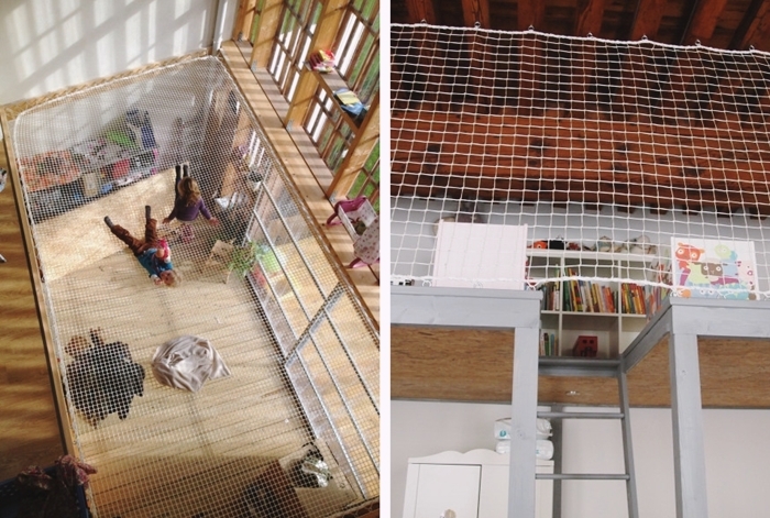 installation filet habitation horizontale facon hamac suspendu garde gorps cordage interieur loft