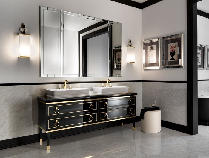 miroir rectangulaire applique murale meuble lavabo noir finition laiton évier blanc robinet or deco salle de bain moderne