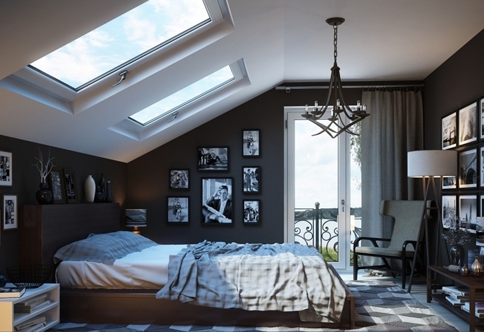 peinture gris anthracite cadre de lit bois foncé lampe de chevet blanc et noir chambre parentale moderne meubles bois foncé