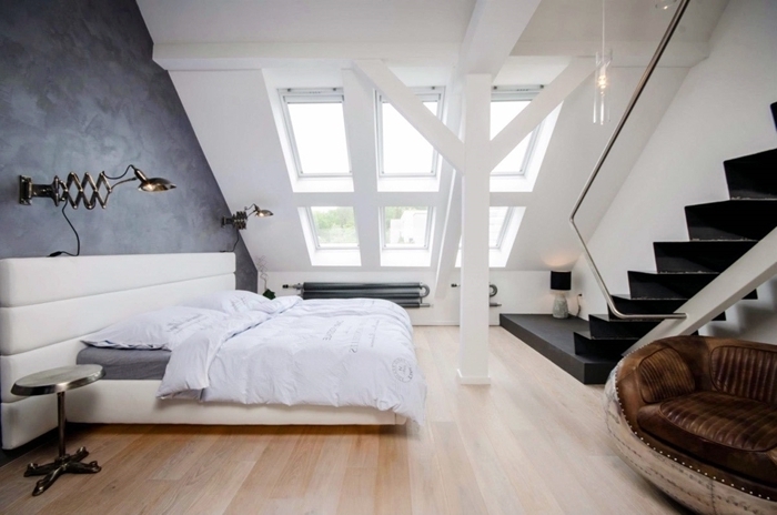 peinture à effet béton chambre parentale moderne tête de lit cuir blanc fenêtre plafond escalier moderne fauteuil cuir