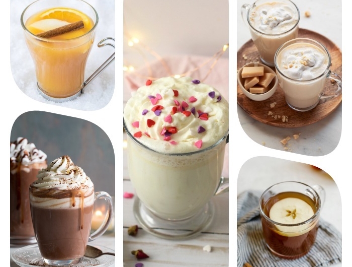 plusieurs idées de boissons chaudes fusions de thé cidres chauds chocolat chaud blanc et cacao chaud