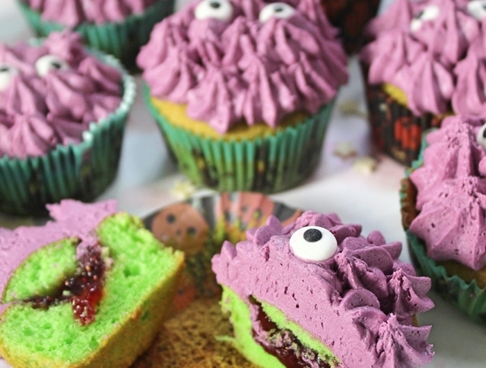 recette muffin maison facile colorant alimentaire vert gateau monstre crème violet lavande yeux sucre confiture