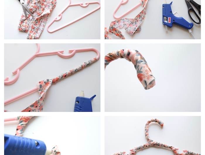 recyclage tissu customiser des cintres de tissu à imprimé fleuri exemple bricolage facile et rapide