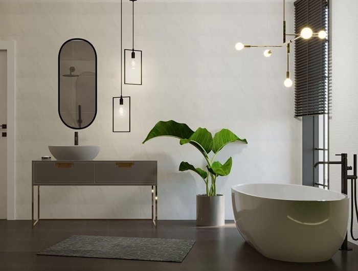 style contemporain design intérieur inspiration rétro chic deco salle de bain moderne miroir noir mat luminaire métal