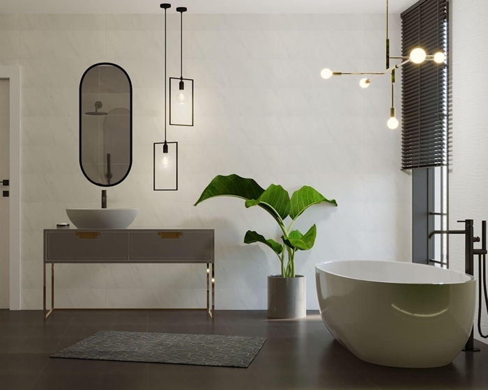 style contemporain design intérieur inspiration rétro chic deco salle de bain moderne miroir noir mat luminaire métal