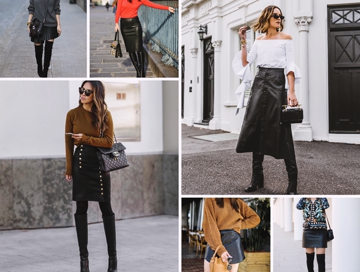 style vestimentaire tenue automne femme bien habillee jupe en cuir longue avec bottes cuissardes velours cuir noir