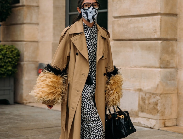 tenue hiver femme en manteau et robe surdimensionnes portante une masque sur le visage