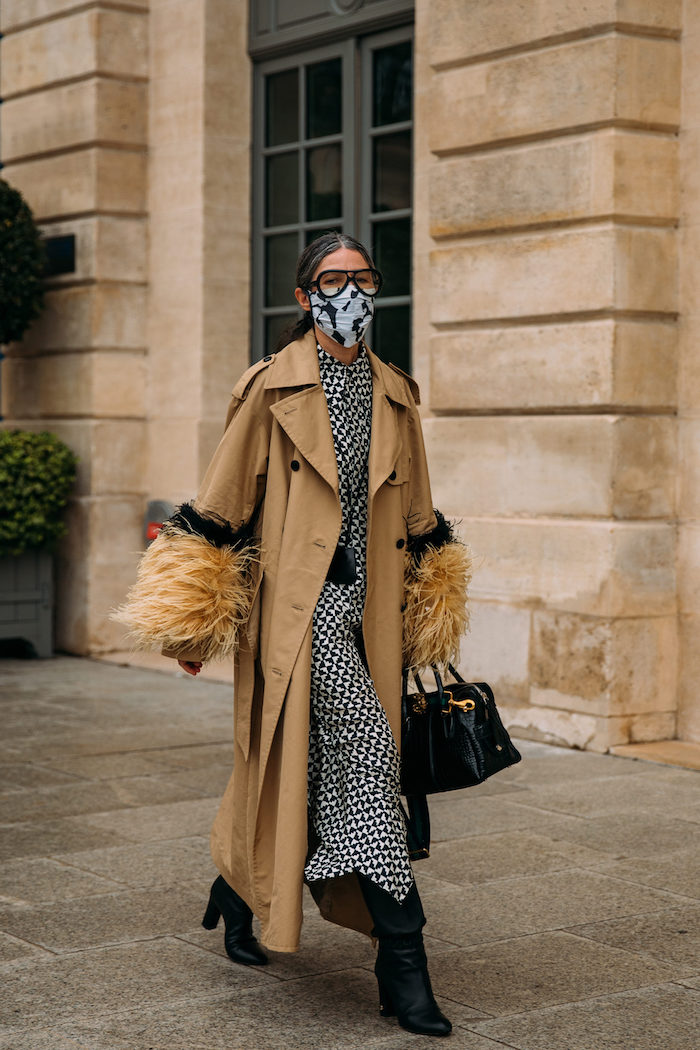 tenue hiver femme en manteau et robe surdimensionnes portante une masque sur le visage