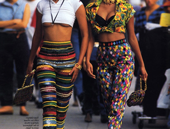 tyra banks look années 80 des tops courtes et pantalons multicolres street style halloween inspo