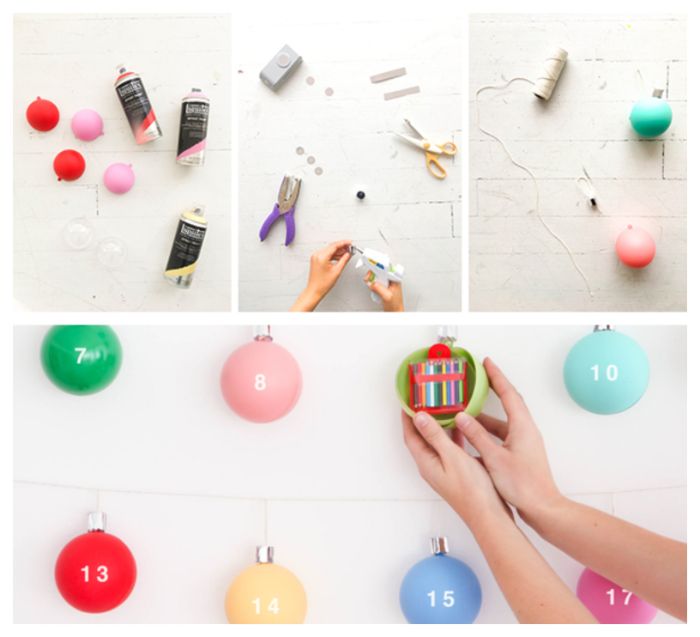 calendrier de l acent bricolage pour tout petit avec des boules de noel colorées avec des surprises jouets à l intérieur