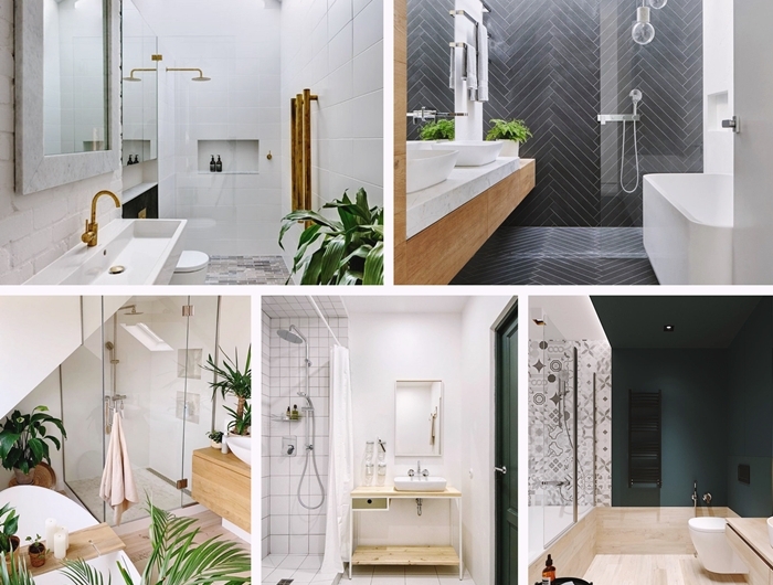 decoration salle de bain en longueur style minimaliste plantes vertes meubles en bois carrelage blanc deco sous pente