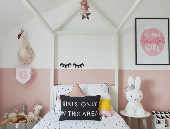 décoration chambre fille peinture mur chambre bicolore cadre de lit bois tête de lit table de chevet jouets peluche panier glands