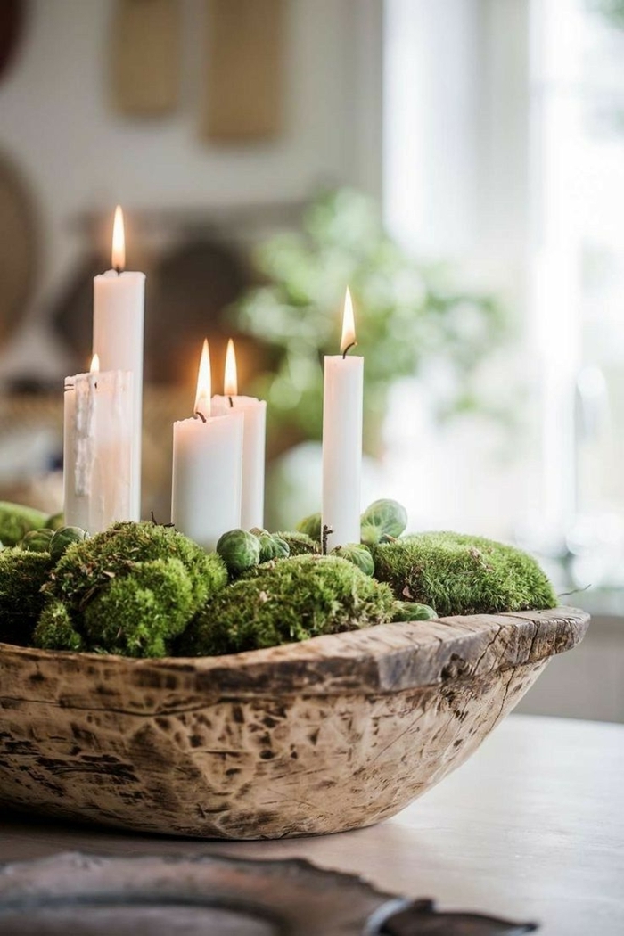 décoration de noel à fabriquer pour adultes centre de table bol bois brut nature mousse verte bougies blanches