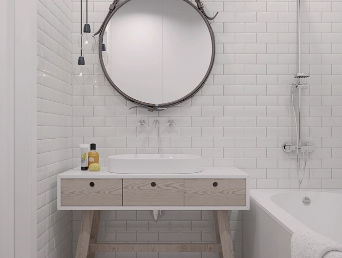 miroir rond style industriel meuble sous évier blanc et bois esprit scandinave salle de bain douche et baignoire