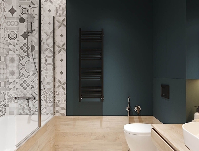 peinture murale vert foncé design intérieur style moderne salle de bain baignoire et douche carrelage imitation bois