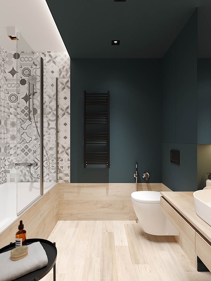 peinture murale vert foncé design intérieur style moderne salle de bain baignoire et douche carrelage imitation bois