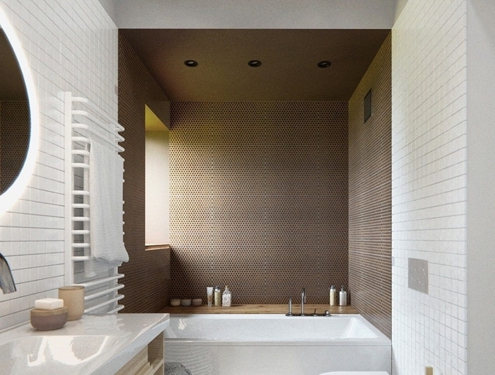 plafond poutres bois miroir led rond séche serviette salle de bain moderne petit espace blanc et bois