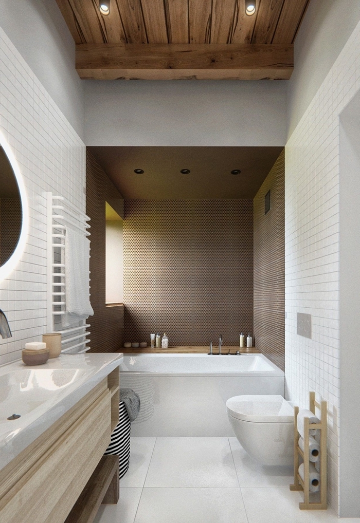 plafond poutres bois miroir led rond séche serviette salle de bain moderne petit espace blanc et bois