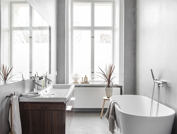 salle de bain avec baignoire blanche autoportante robinet inox table basse cbois plante éclairage spots led