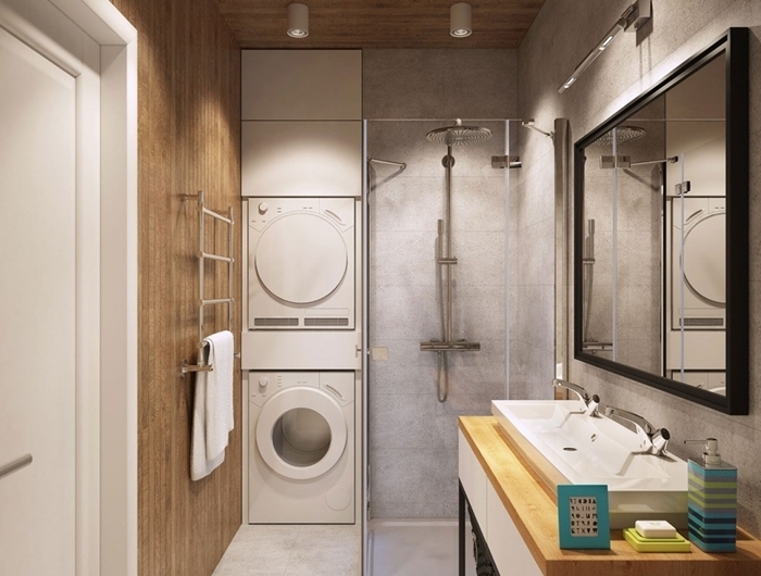 salle de bain italienne petite surface décoration moderne revêtement plafond panneaux bois spots led