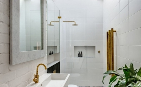 salle de bain moderne petit espace carrelage blanc fenêtre toit mur briques blanches miroir plantes vertes intérieur