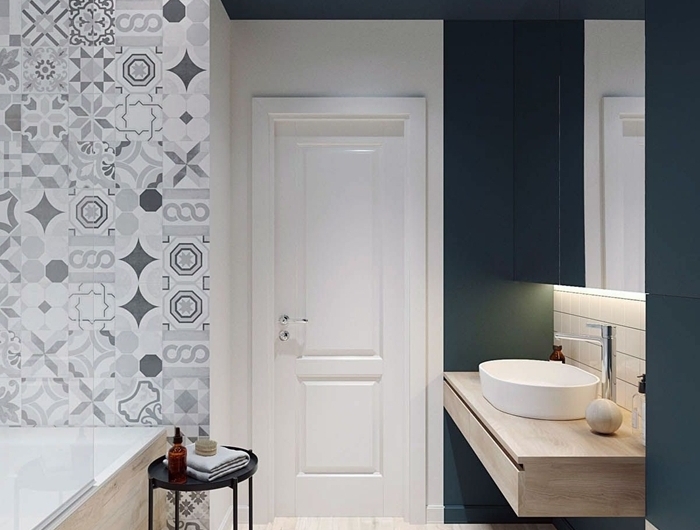 salle de bain moderne petit espace évier meuble bois minimaliste cuvette wc suspendue baignoire blanc et bois