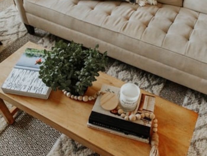 salon style scandinave tapis noir blanc tables basse en bois clair canape couleur taupe